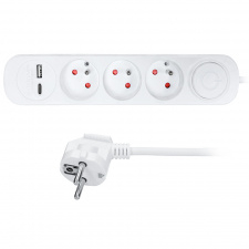 Predlžovací prívod 3 zásuvky, s USB A+C nabíjačka 12W, 2m, 3 x 1mm2, biely, vypínač