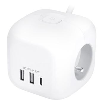 3z + USB A+C predlžovací prívod - kocka, 2m, 3 x 1mm2, biely, vypínač