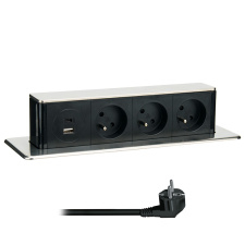 3z + USB A+C 20W PD výsuvný blok zásuviek, 2m, nerez oceľ