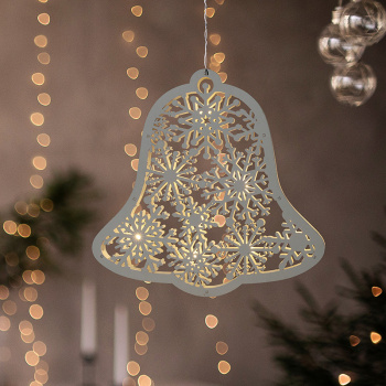 LED drevený vianočný zvonček, 9x LED, biela, 30cm, časovač, 2x AA