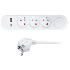 Predlžovací prívod 3 zásuvky, USB A+C 20W PD, 3m, 3 x 1mm2, biely, vypínač