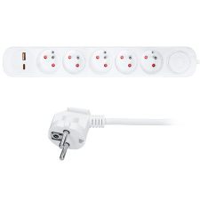 Predlžovací prívod 5 zásuviek, USB A+C 20W PD, 3m, 3 x 1mm2, biely, vypínač