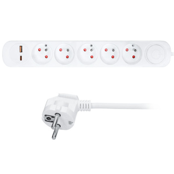 Predlžovací prívod 5 zásuviek, USB A+C 20W PD, 3m, 3 x 1mm2, biely, vypínač