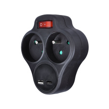Rozbočovač s USB A+C rychlonabíjačkou 20W PD, 2 x 10A, čierny, vypínač