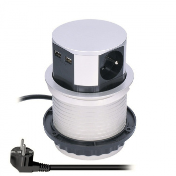 Výsuvný blok zásuviek, 3 zásuvky, 2x USB, kruhový tvar nízky, predlžovací prívod 2m, 3 x 1mm2, strieborný
